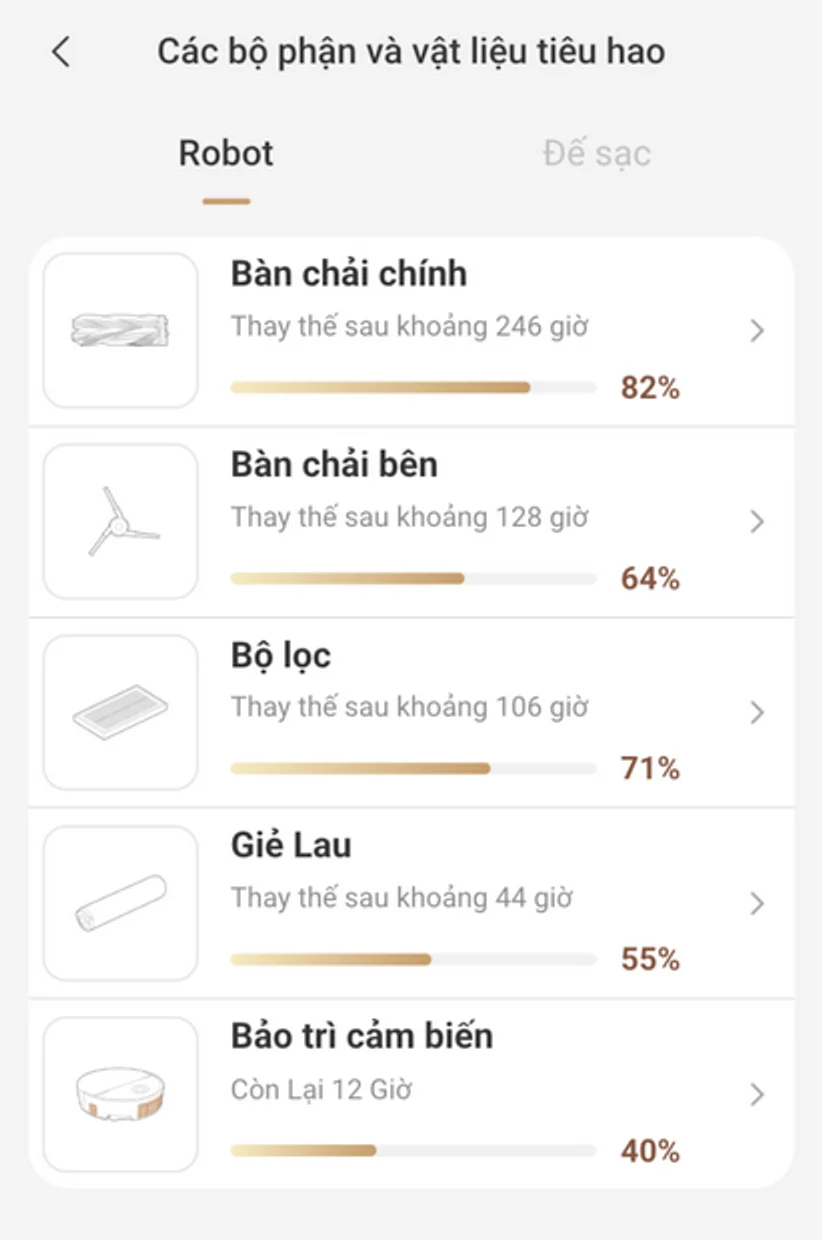 Màn hình vật tư trên VacDeck: chổi chính, chổi cạnh, bộ lọc, giẻ lau
