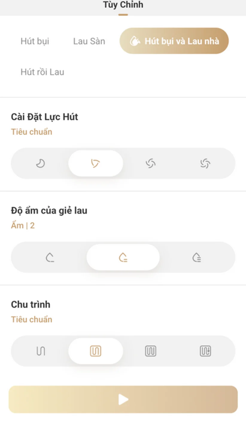 Bảng chọn chế độ dọn của VacDeck bằng tiếng Việt: hút bụi, lau sàn, lực hút