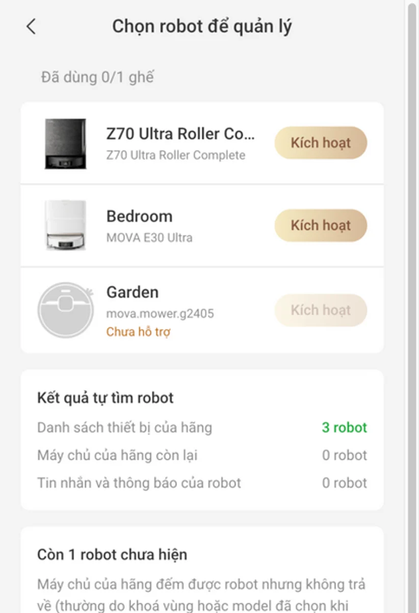 Màn chọn robot của VacDeck: robot tìm thấy trong tài khoản, mỗi robot có nút Kích hoạt