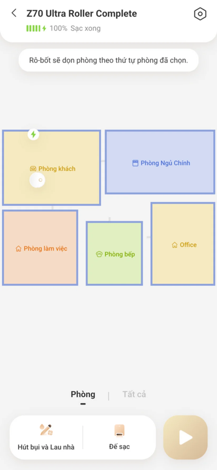 Danh sách phòng của robot trên VacDeck bằng tiếng Việt
