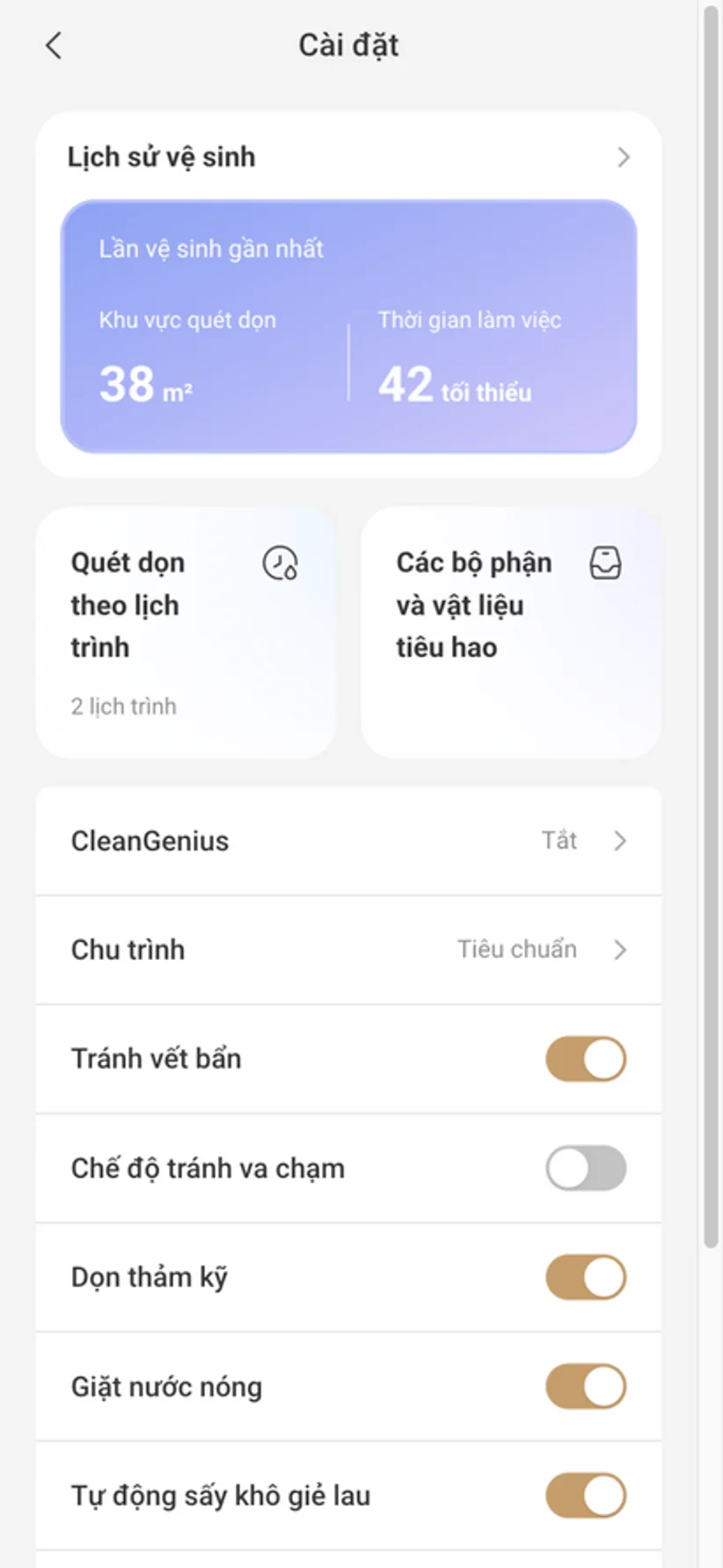 Trang cài đặt robot trên VacDeck bằng tiếng Việt