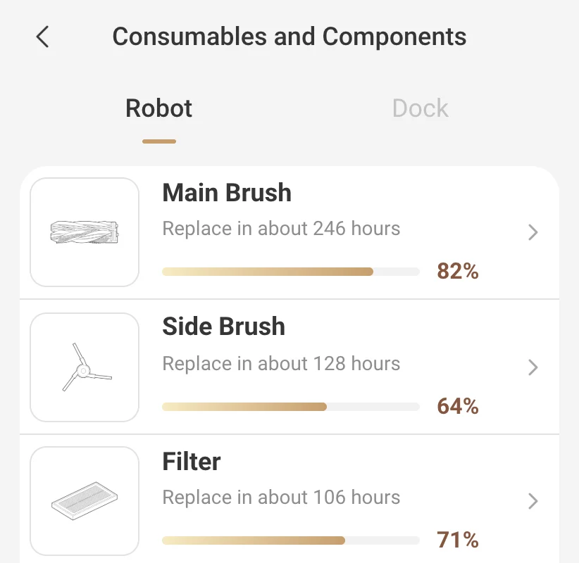 VacDeck consumables screen: main brush, side brush, filter and mop pad