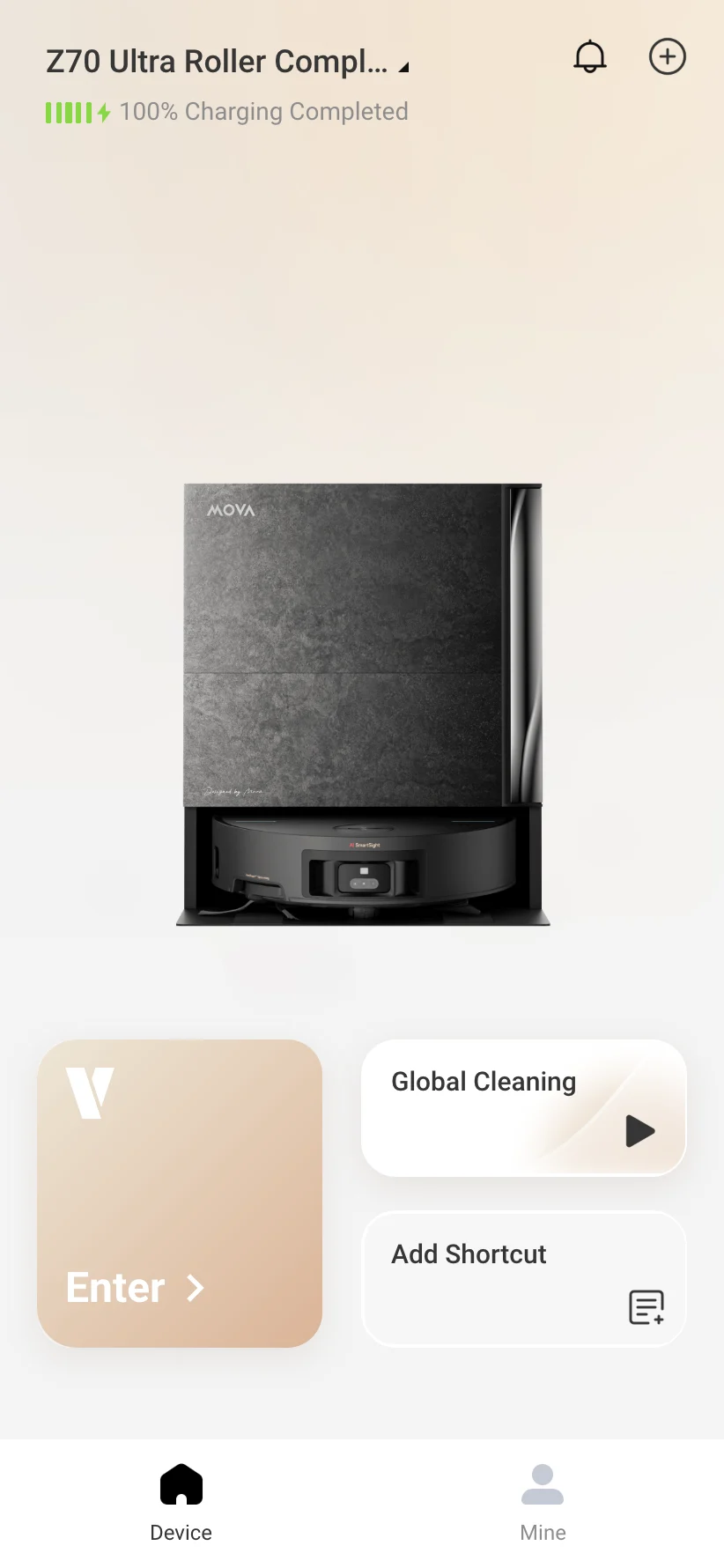 VacDeck home screen with a linked MOVA Z70 Ultra, fully charged, and the Enter button