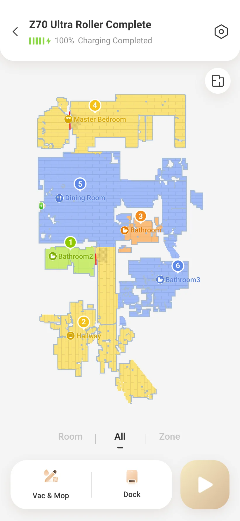 VacDeck robot screen in English: floor map with named rooms, Vac & Mop mode and the Dock button