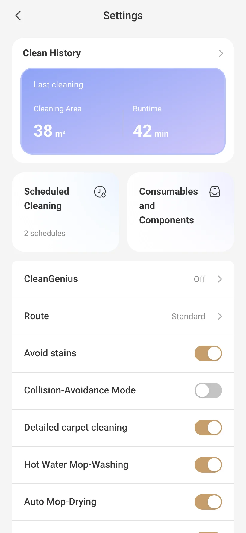 Robot settings in VacDeck, in English