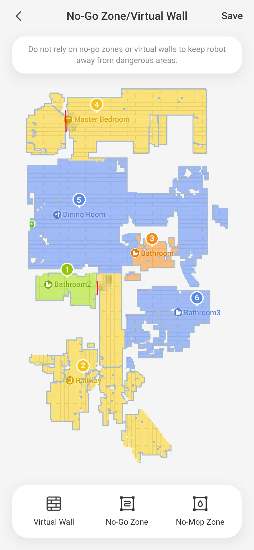 No-go zones and virtual walls on the robot's map in VacDeck